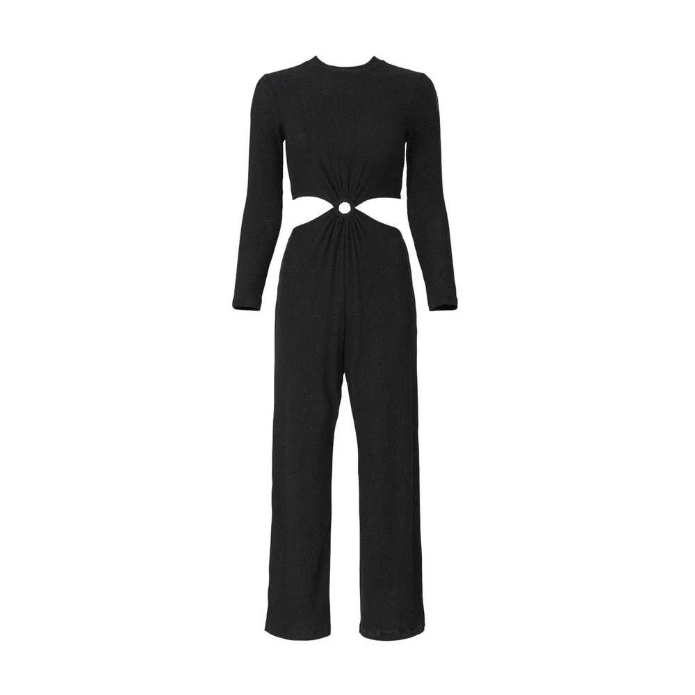 LNA Banx Black Ribbed Cutout Ring Detail Long Sleeve Jumpsuit Pantsuit XL